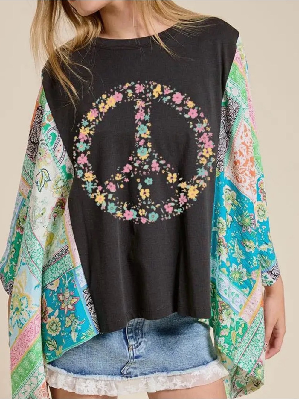 Zutter 🆕 Black Tee with Floral Peace Sign and Colorful Patchwork Sleeves